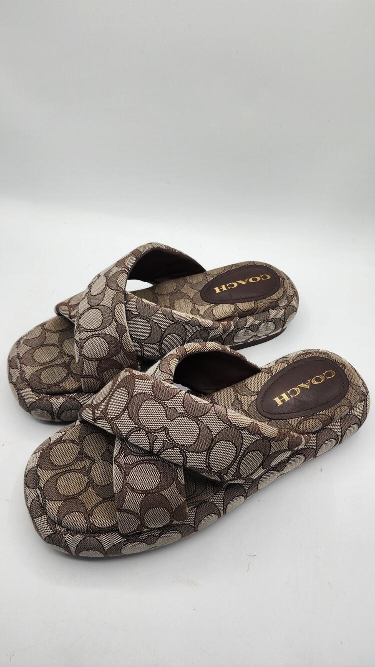 Coach Link Cross Cross Signature Slides Smoke Coal Oak/Brown Womens Size 8